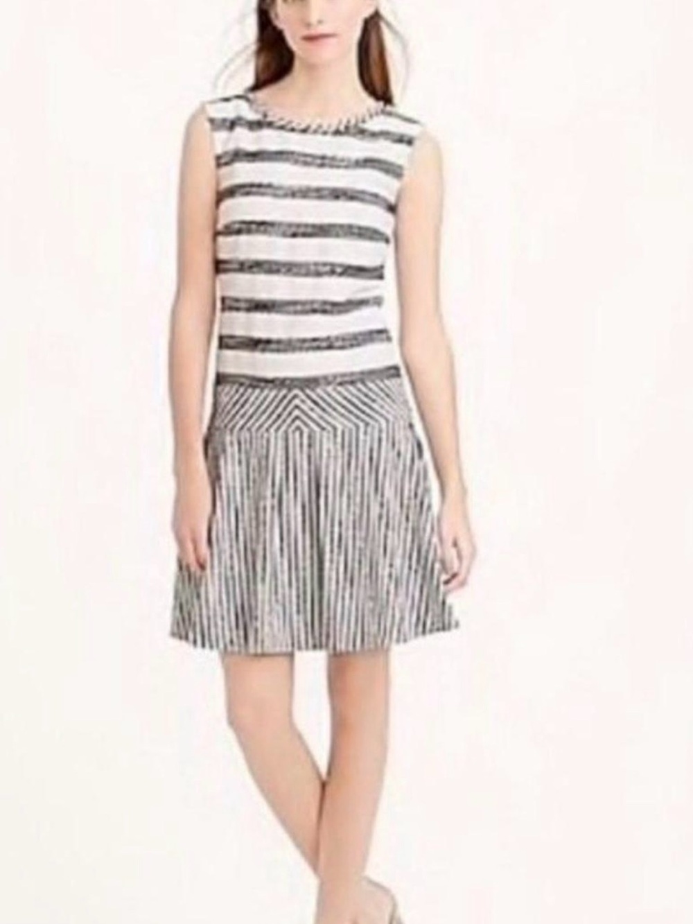 J.Crew Navy Blue & White Stripe Tweed Fit & Flare Dress Career Classic Nautical